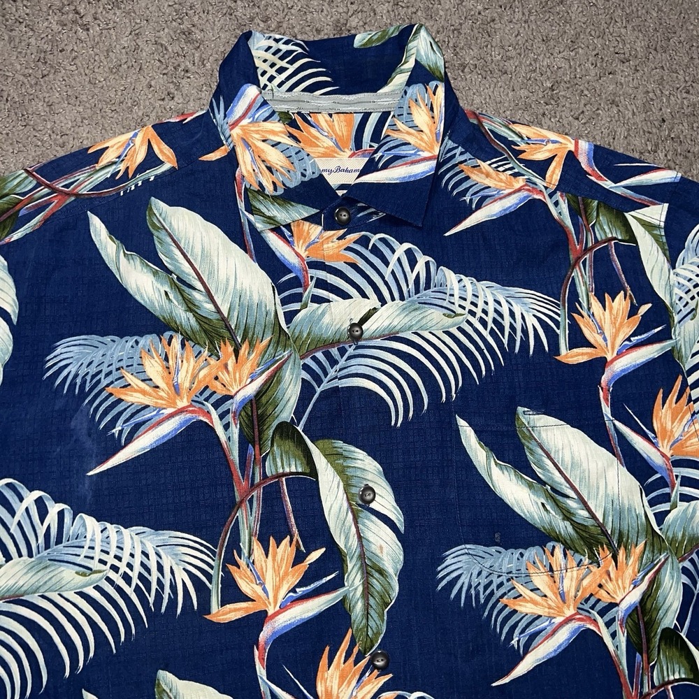 Tommy Bahama Shirt Mens XL Blue Silk Hibiscus Tropical Floral Camp Button Up